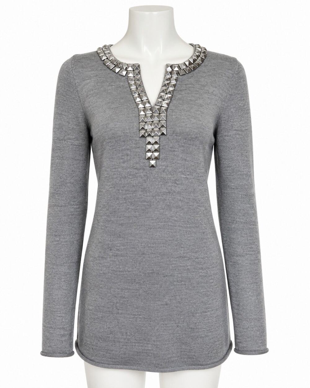 Tory Burch Gray 100% Merino Wool Studded Tunic Sweater Women’s Small S